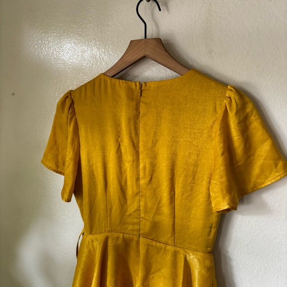 Lulus | Always Forever Mustard Flutter Sleeve Tiered Satin Midi Dress - Picture 6 of 7
